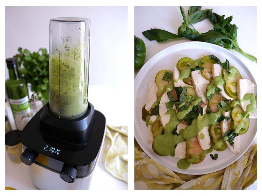 Grünes Avocado-Dressing im Mixbecher und fertig serviert über einem frischen Salat.
