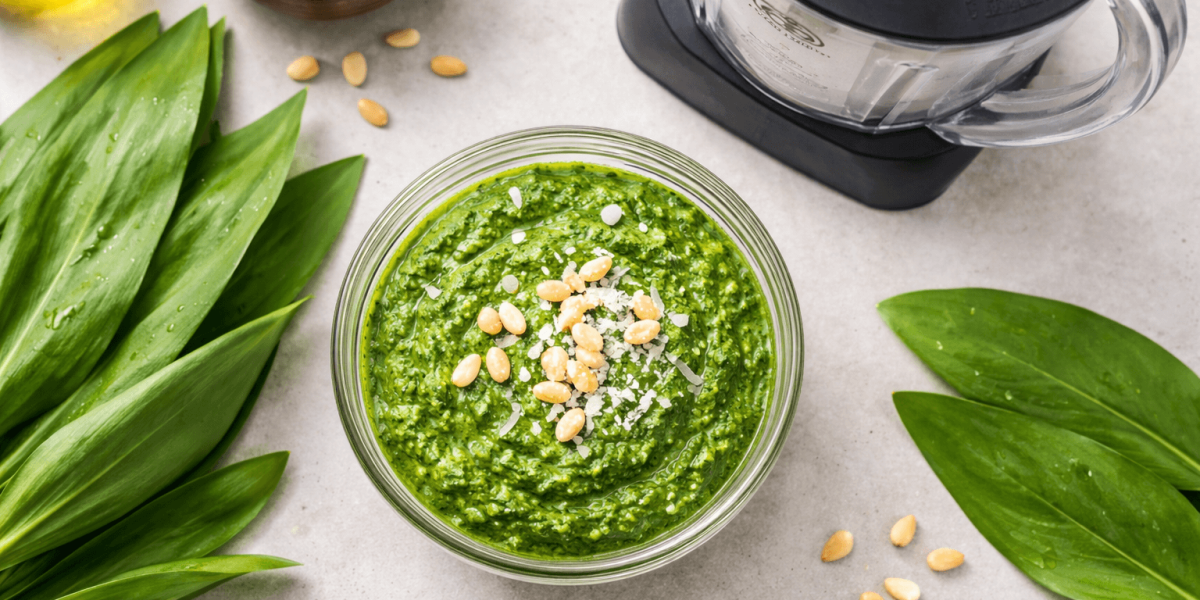 Draufsicht auf eine Schale mit frisch gemixtem, leuchtend grünem Bärlauch-Pesto, verziert mit Pinienkernen und Parmesan, daneben frische Bärlauchblätter, Zutaten und ein bianco di puro Mixerbehälter a