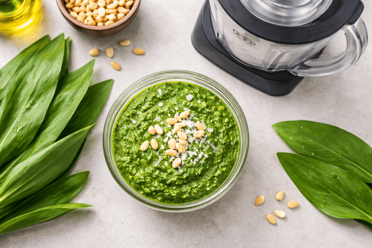 Draufsicht auf eine Schale mit frisch gemixtem, leuchtend grünem Bärlauch-Pesto, verziert mit Pinienkernen und Parmesan, daneben frische Bärlauchblätter, Zutaten und ein bianco di puro Mixerbehälter a