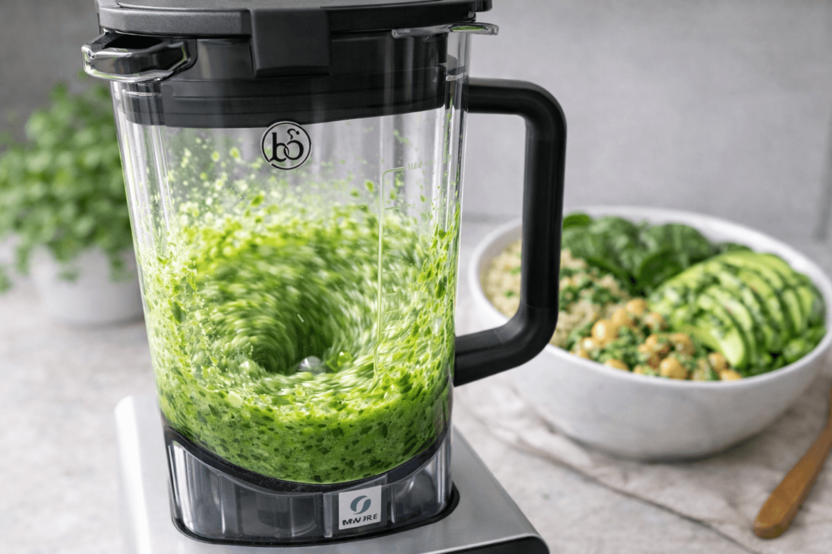 Nahaufnahme eines bianco di puro Mixbehälters, in dem ein hellgrünes Kräuter-Dressing bei hoher Geschwindigkeit gemixt wird; im Hintergrund die Vitaminkick-Bowl.