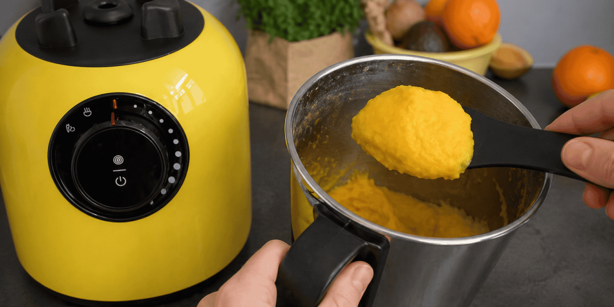 Cremiges gelbes Mango-Eis wird mit einem Spatel aus dem bianco di puro Edelstahlbehälter INOX gehoben, daneben steht der gelbe Hochleistungsmixer VERDE.