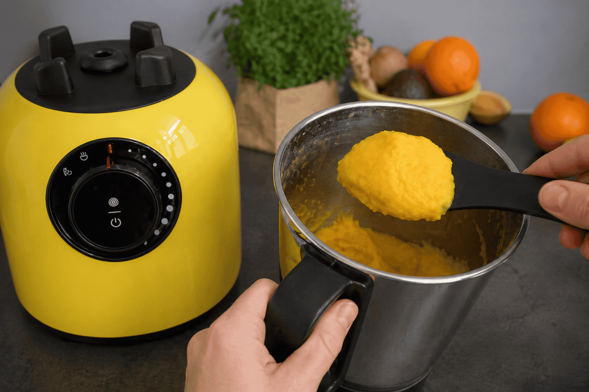 Cremiges gelbes Mango-Eis wird mit einem Spatel aus dem bianco di puro Edelstahlbehälter INOX gehoben, daneben steht der gelbe Hochleistungsmixer VERDE.