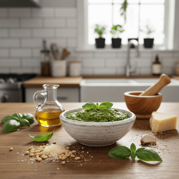 Frisches, grünes Basilikum-Pesto in einer weissen Keramikschale auf einer Holz-Küchenplatte, umgeben von Pinienkernen, Basilikumblättern und Olivenöl.