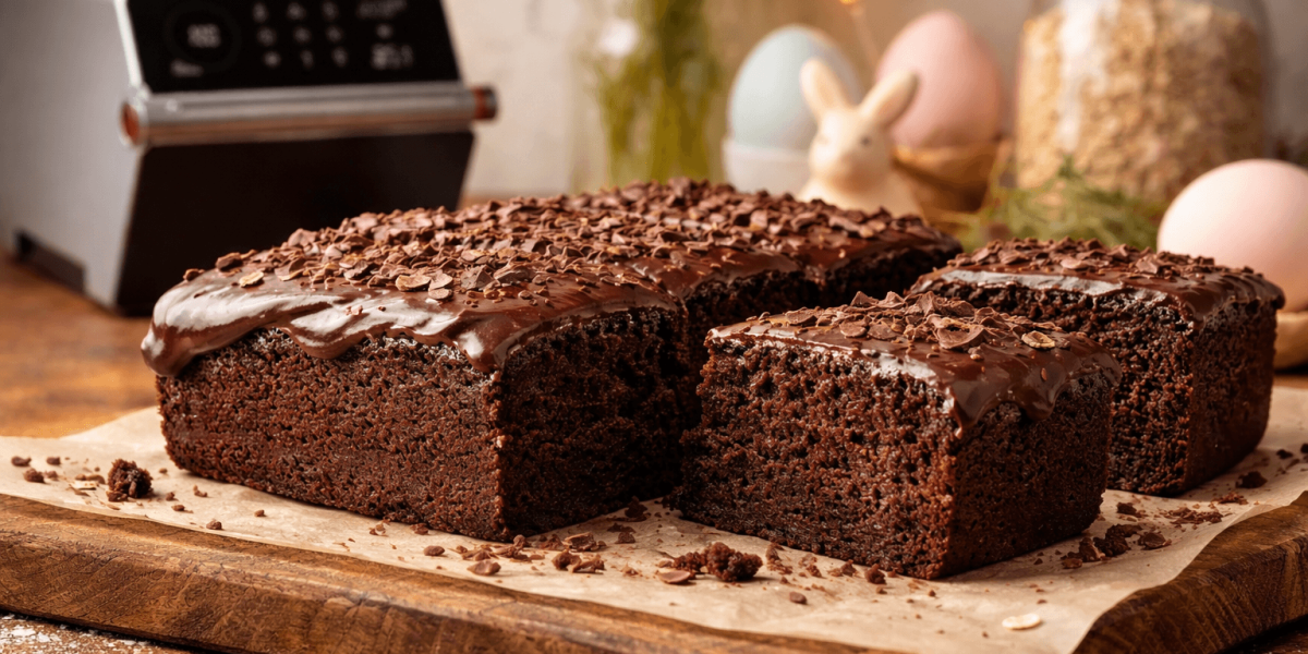 Saftiger Schokoladenkuchen mit Haferflocken und Schokoglasur auf einem Holzbrett, im Hintergrund ein Bianco di puro Hochleistungsmixer und Osterdekoration.