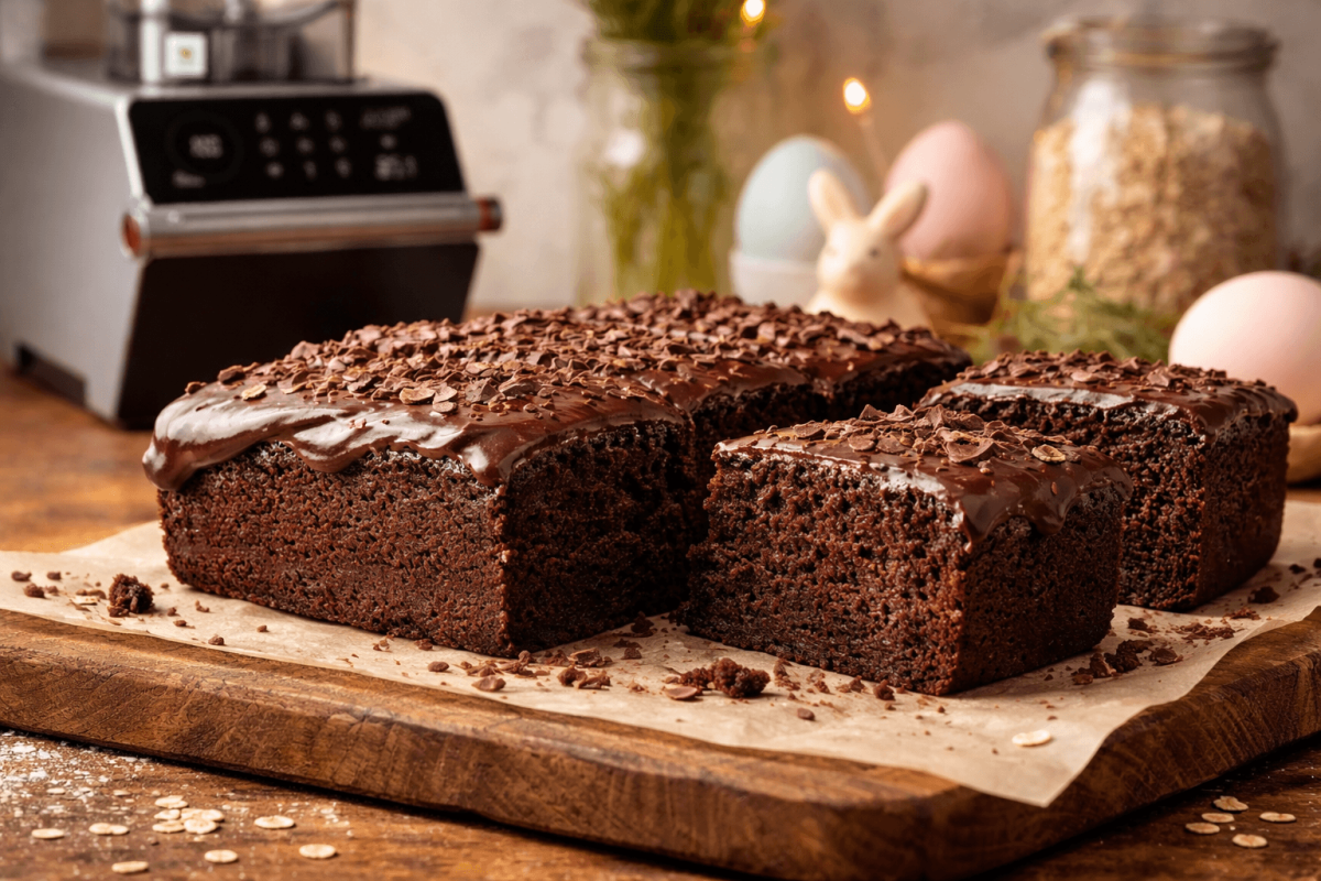 Saftiger Schokoladenkuchen mit Haferflocken und Schokoglasur auf einem Holzbrett, im Hintergrund ein Bianco di puro Hochleistungsmixer und Osterdekoration.
