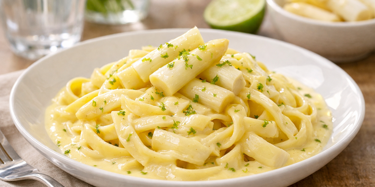 Eine weisse Schüssel mit Tagliatelle in heller Sauce, belegt mit weissen Spargelstücken und Limetten-Zest auf einem Holzuntergrund.