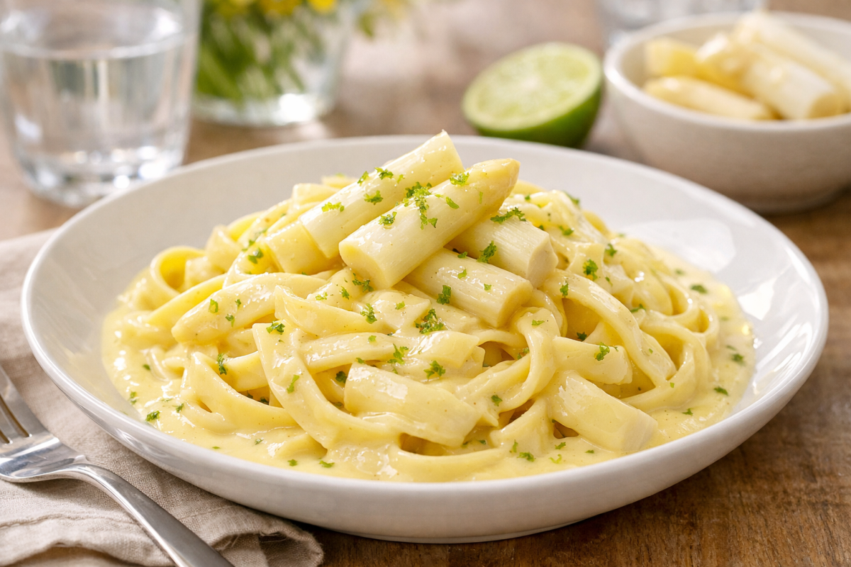 Eine weisse Schüssel mit Tagliatelle in heller Sauce, belegt mit weissen Spargelstücken und Limetten-Zest auf einem Holzuntergrund.
