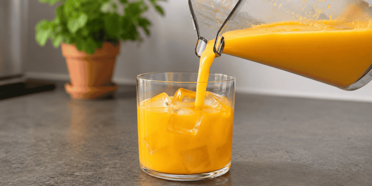 Ein leuchtend gelb-oranger, cremiger Orangen-Smoothie wird aus einem transparenten bianco di puro Mixbecher über Eiswürfel in ein klares Glas gegossen, im Hintergrund steht eine frische Minzpflanze im