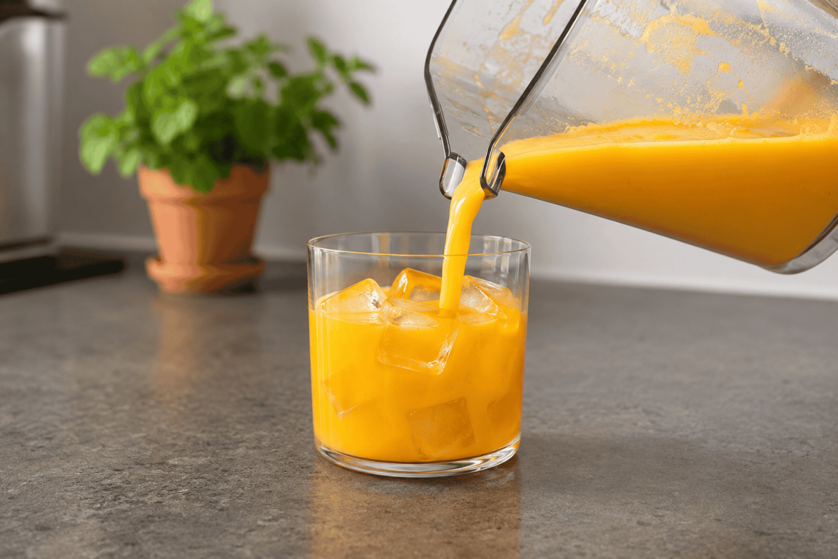 Ein leuchtend gelb-oranger, cremiger Orangen-Smoothie wird aus einem transparenten bianco di puro Mixbecher über Eiswürfel in ein klares Glas gegossen, im Hintergrund steht eine frische Minzpflanze im