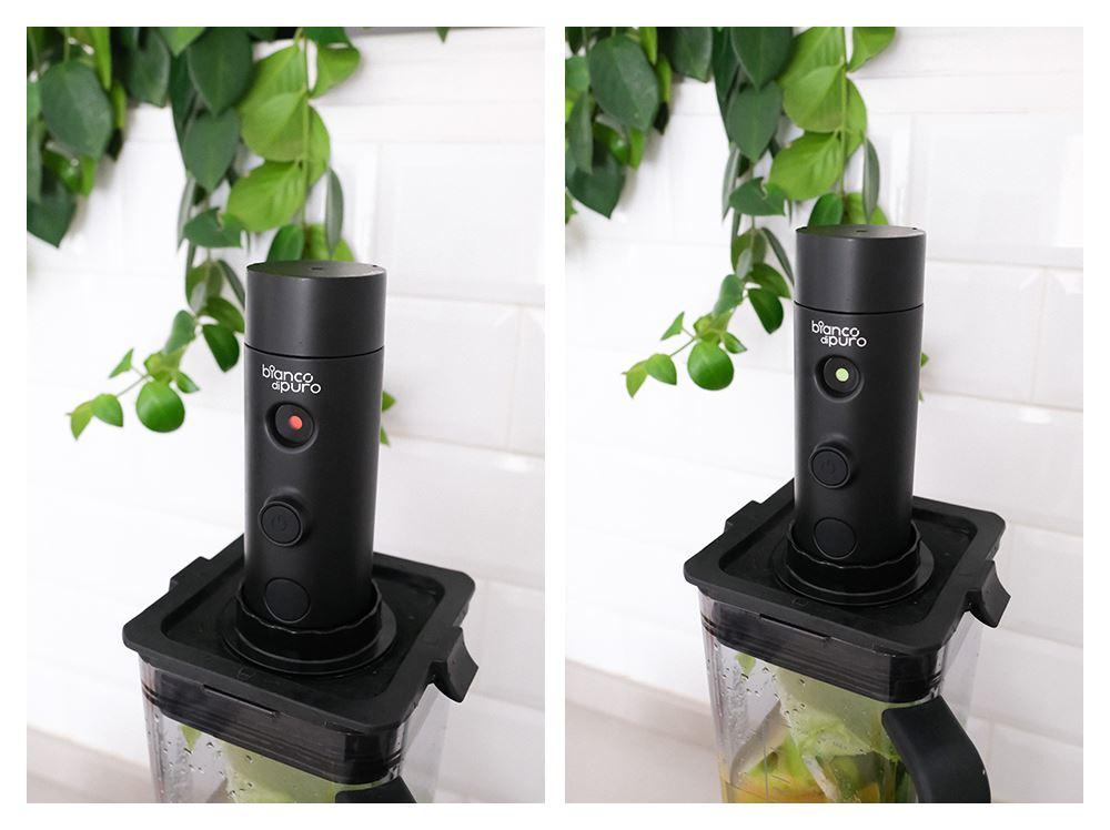 Vergleichsbild einer bianco di puro Vakuumpumpe mit roter LED (aktiv) und grüner LED (bereit) auf einem Mixbehälter