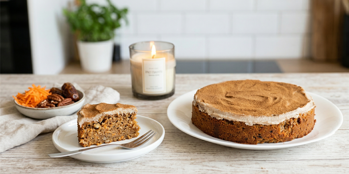 Veganer Karottenkuchen als ganzer Kuchen und Anschnitt auf einem Küchentisch mit frischen Karotten und Nüssen.