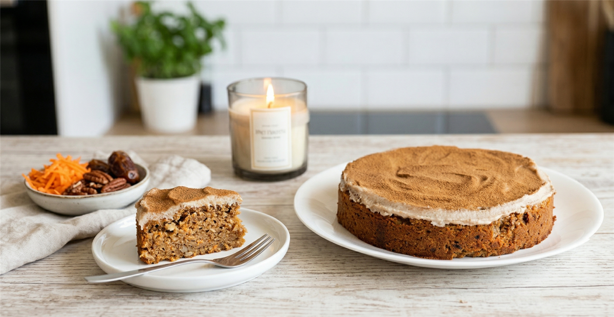 Veganer Karottenkuchen als ganzer Kuchen und Anschnitt auf einem Küchentisch mit frischen Karotten und Nüssen.