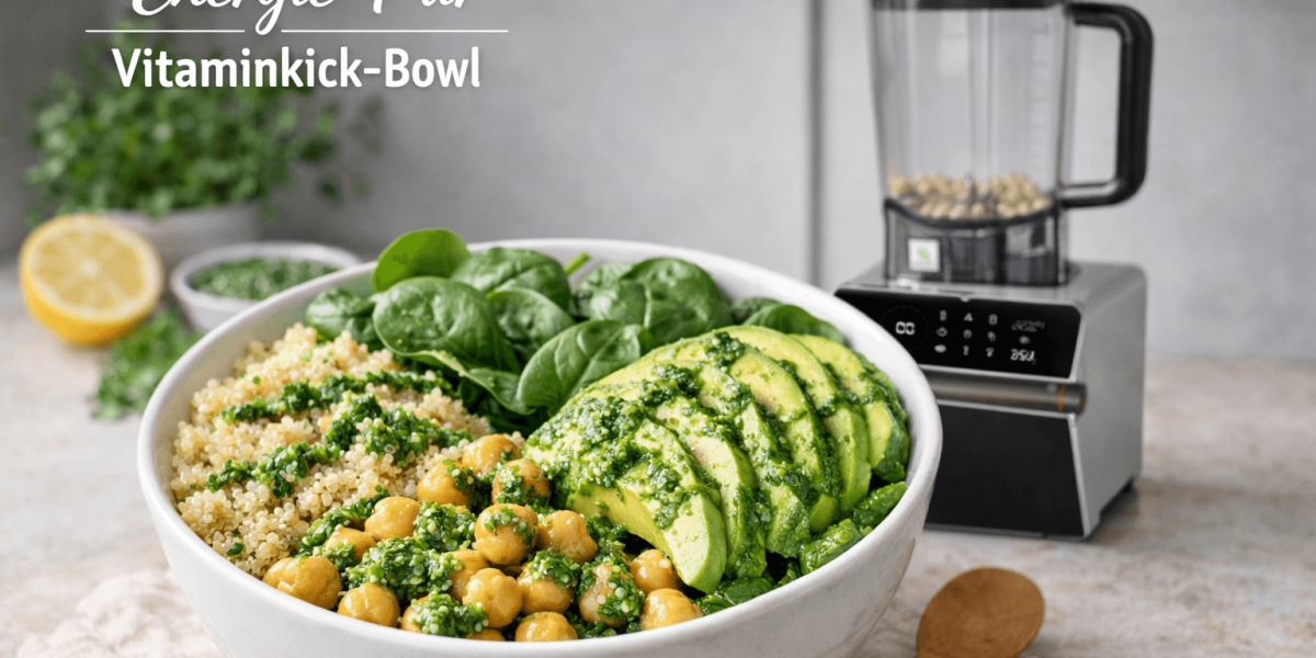 Gesunde Vitaminkick-Bowl mit Quinoa, Avocado, Spinat und grünem Petersilien-Dressing neben einem bianco di puro Hochleistungsmixer.