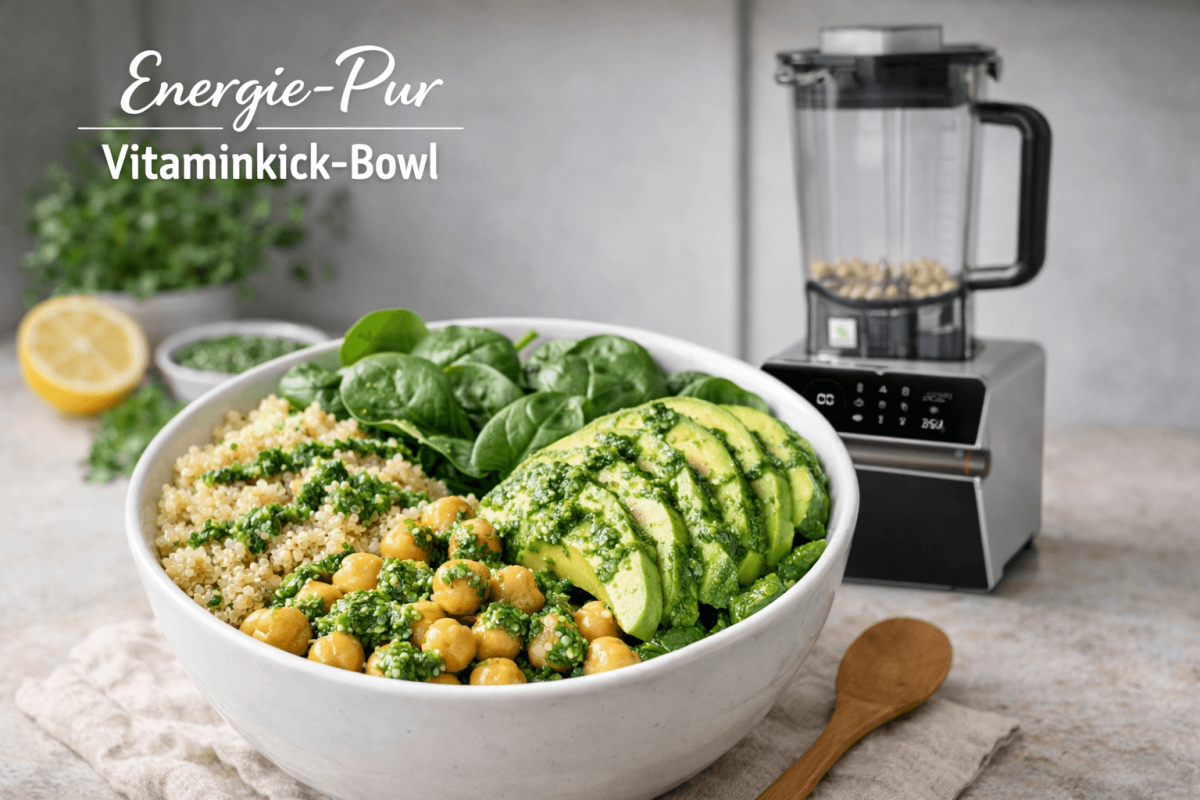 Gesunde Vitaminkick-Bowl mit Quinoa, Avocado, Spinat und grünem Petersilien-Dressing neben einem bianco di puro Hochleistungsmixer.