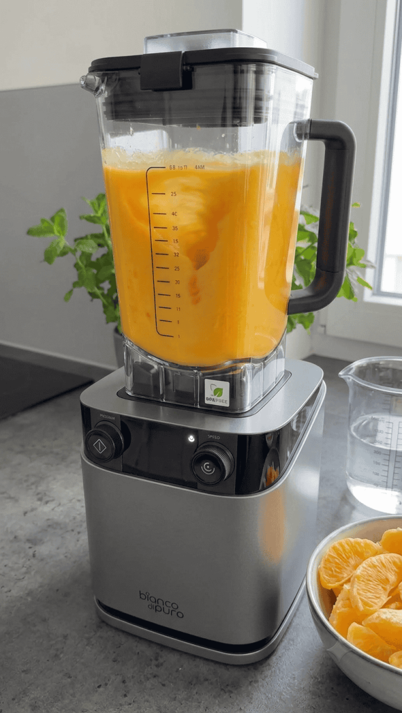 Mittelaufnahme eines bianco di puro Hochleistungsmixers auf einer grauen Küchenarbeitsplatte, der aktiv einen leuchtend orangefarbenen, cremigen Smoothie im transparenten Behälter wirbelt; frische Ora