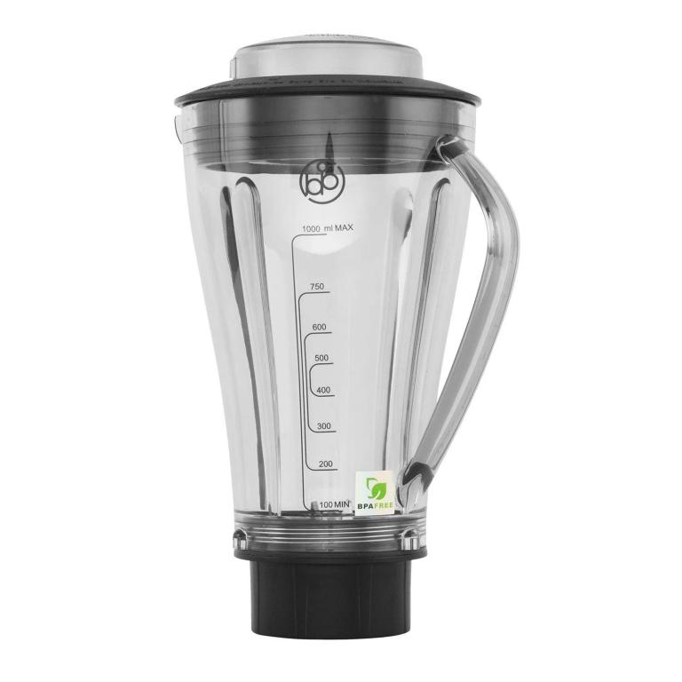 1,0-Liter-Mixbehälter für ATTIVO Hochleistungsmixer mit Griff, Skalierung und schwarzem Deckel.