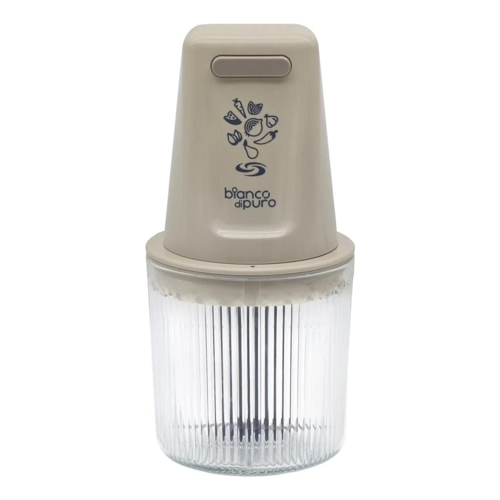 Elektrischer Multizerkleinerer Chop-it in Beige mit Glasbehälter für Gemüse und Kräuter.