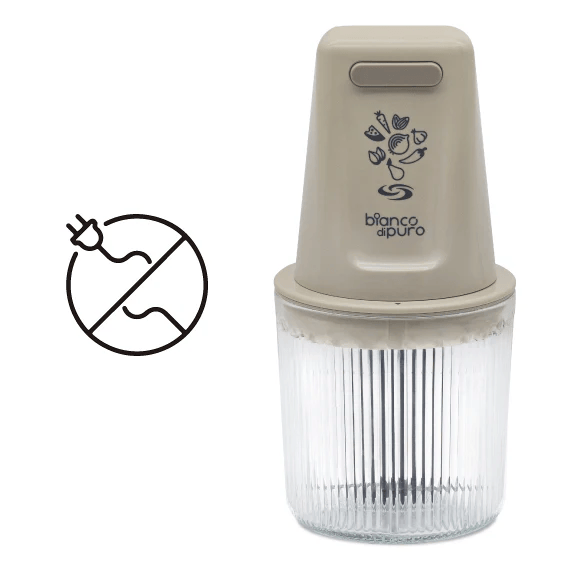 Kabelloser Multizerkleinerer CHOPIT mit geriffeltem Glasbecher und beigefarbenem Motorkopf auf weissem Grund.