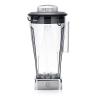 PREMIUM Mixbehälter aus klarem Tritan mit silbernem Edelstahlsockel und schwarzem Deckel.