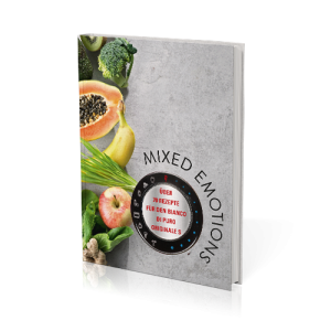 Das Rezeptbuch Mixed Emotions zeigt Obst, Gemüse und das Bedienrad eines bianco di puro Mixers.
