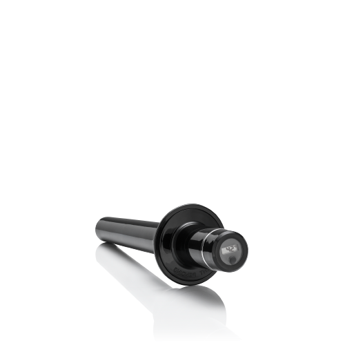 Schwarzer bianco di puro Stampfer T42L mit digitaler Temperaturanzeige im Griff für Rohkost-Zubereitungen.