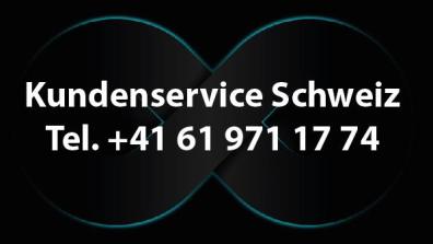 Schriftzug Kundenservice Schweiz mit Telefonnummer auf dunklem Unendlichkeits-Symbol.