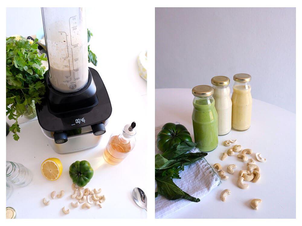 Mixvorgang eines hellen Cashew-Dressings im bianco di puro Hochleistungsmixer.